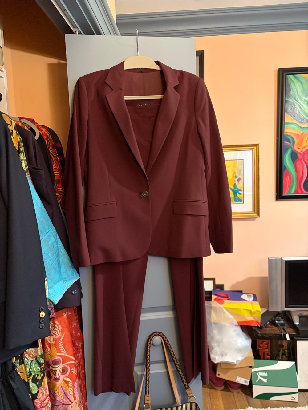 Theory Women’s Burgundy Two-Piece Suit - Single-Button Blazer & Trousers